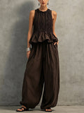 Women's Solid-color Cotton-linen Set: Round-neck Sleeveless Loose-fit Top & High-waisted Wide-leg Pants