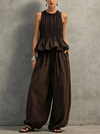Women's Solid-color Cotton-linen Set: Round-neck Sleeveless Loose-fit Top & High-waisted Wide-leg Pants