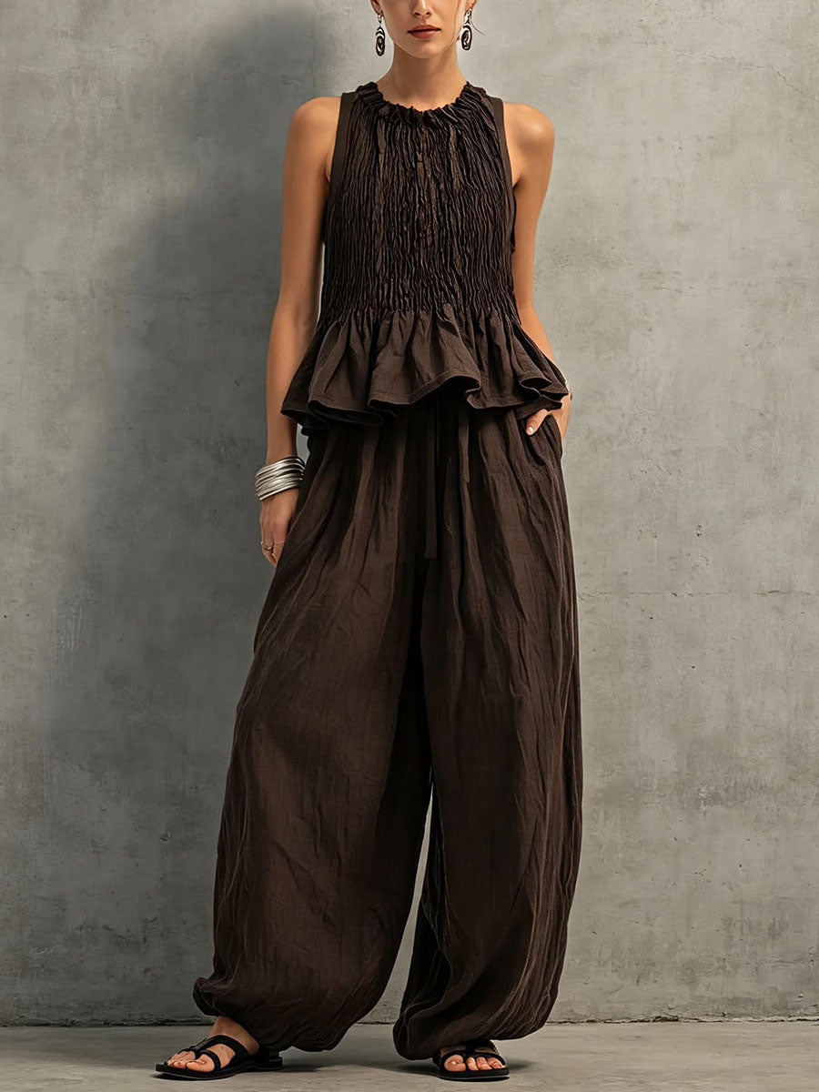 Women's Solid-color Cotton-linen Set: Round-neck Sleeveless Loose-fit Top & High-waisted Wide-leg Pants