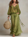 Women's Flowy Green V-neck Two-piece Set