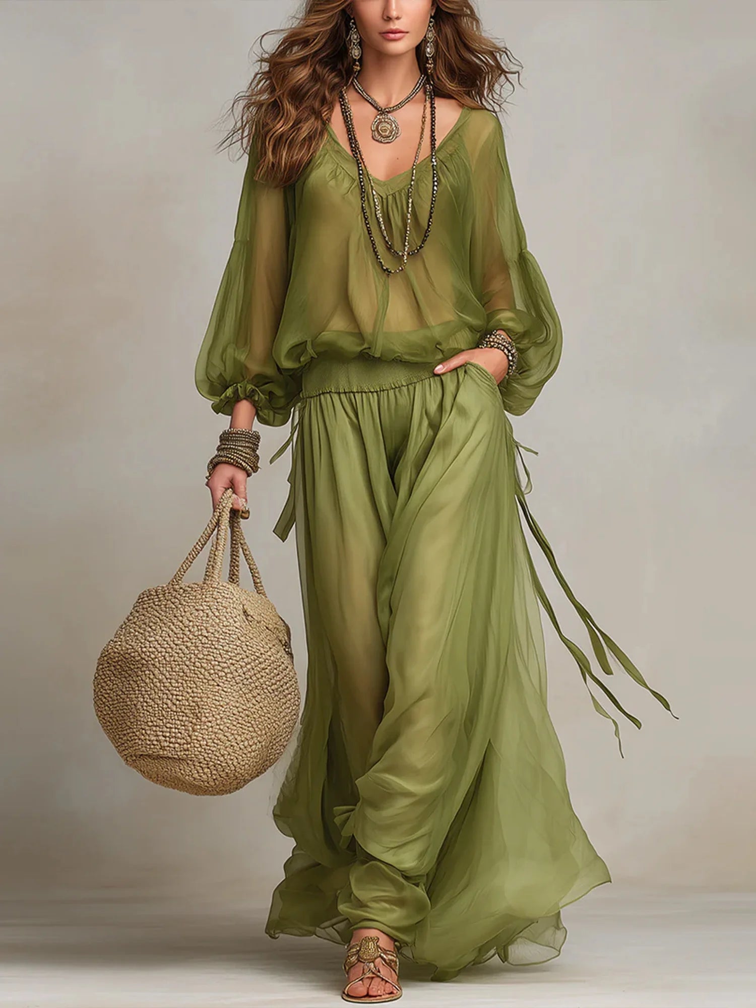 Women's Flowy Green V-neck Two-piece Set
