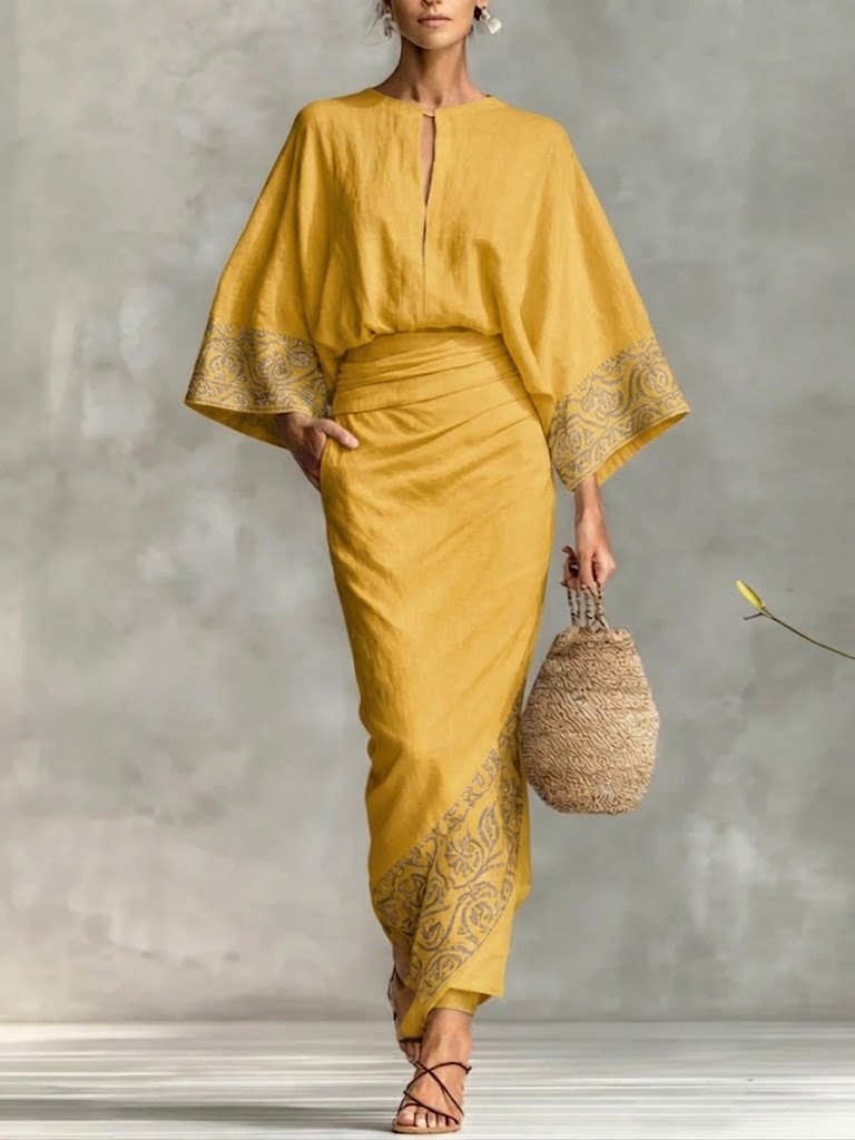 Stylish Casual Two-piece Set: Artistic Print Linen & Cotton Top And Skirt