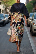 Women's Elegant Japanese Art Print Midi Dress