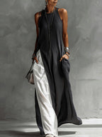 Women's Sleeveless Round Neck Loose Pocket Color-blocked Casual Off-shoulder Dress