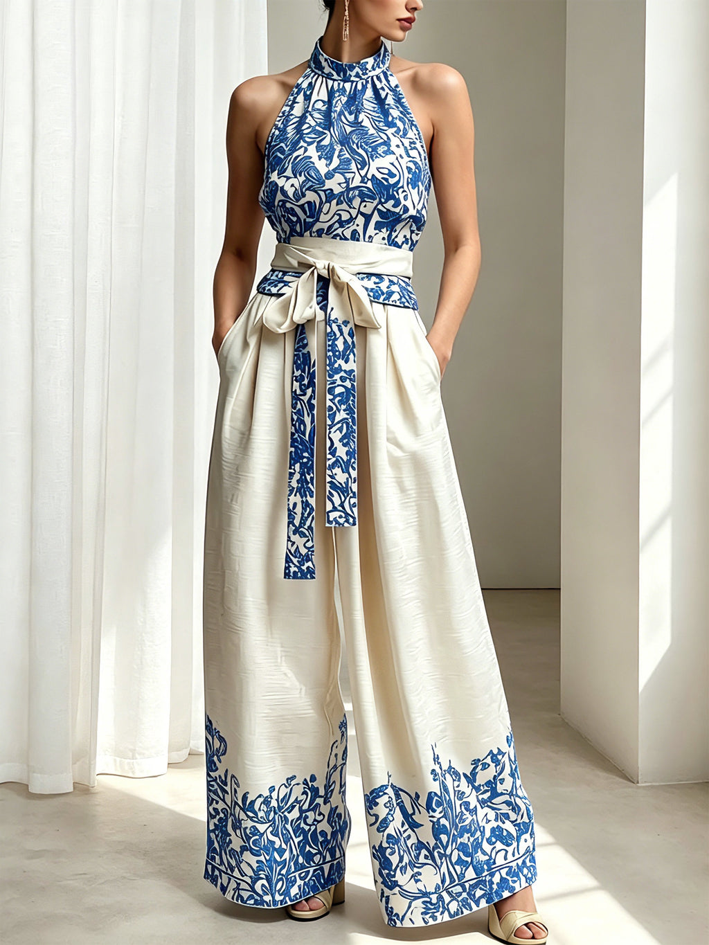 Stylish And Elegant Printed Linen And Cotton Two-piece Top And Pants Set