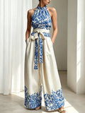 Stylish And Elegant Printed Linen And Cotton Two-piece Top And Pants Set