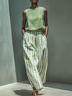 Elegant Boat-neck Shirt And Striped Wide-leg Pants Cotton-linen Set