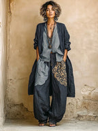 Bohemian Three-piece Set: Ethnic-print Cotton-linen Long Cardigan, Sleeveless Top, And Trousers