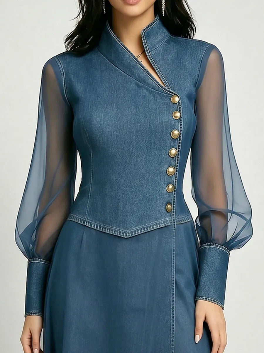 Stylish Stand-collar Organza-paneled Denim Dress