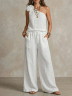 3d Floral One-shoulder Sleeveless Top And Pants Set