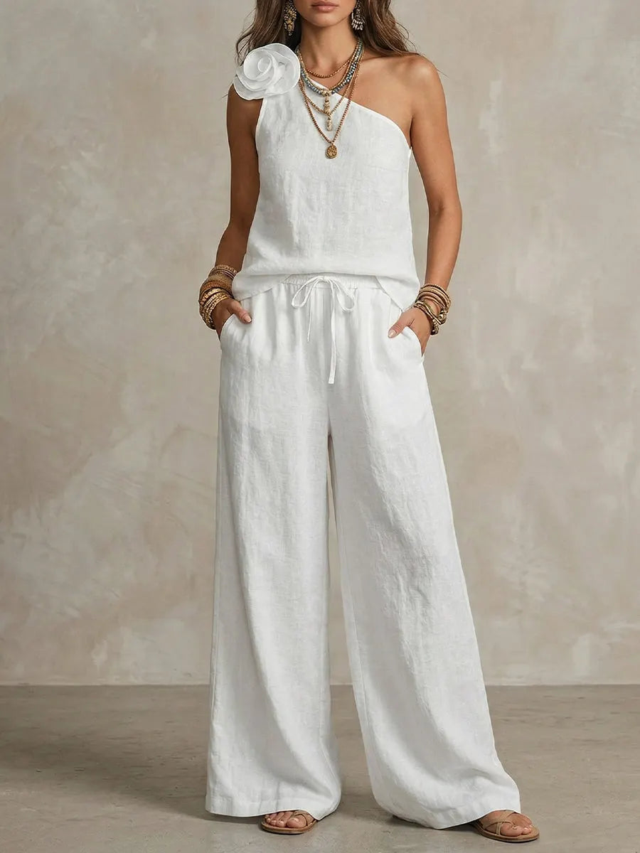 3d Floral One-shoulder Sleeveless Top And Pants Set