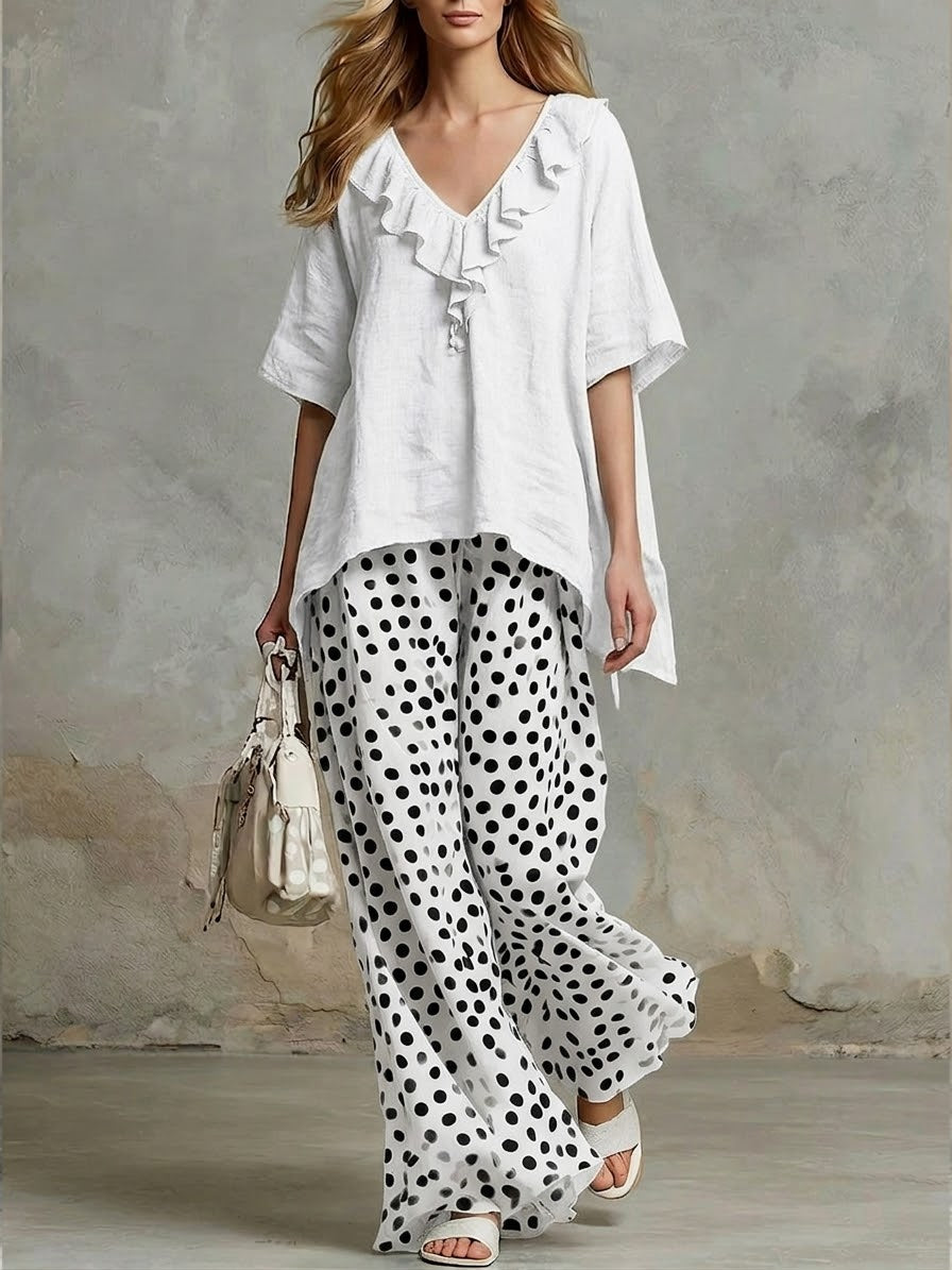 Casual Two-piece Set Of Linen And Cotton Top With Ruffled Collar And Polka Dot Pants