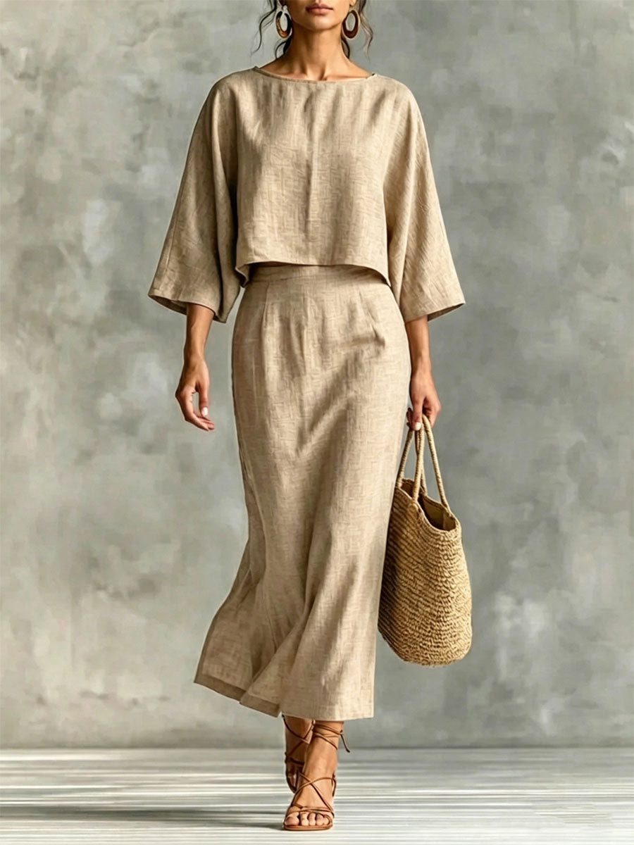 Crew-neck 3/4-sleeve Loose Top & High-waisted Maxi Skirt Set