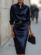 Women's Satin Slim-fit Pencil Dress With Shirt Collar And 3/4 Sleeves