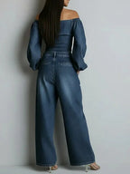 Women's Off-the-shoulder Long-sleeved Casual Loose Denim Top And High-waisted Wide-leg Jeans Set.