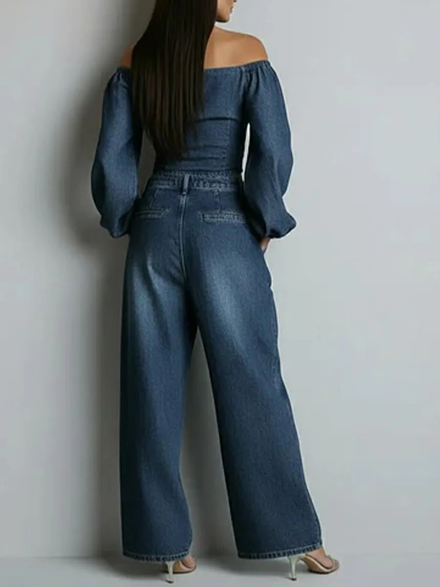 Women's Off-the-shoulder Long-sleeved Casual Loose Denim Top And High-waisted Wide-leg Jeans Set.