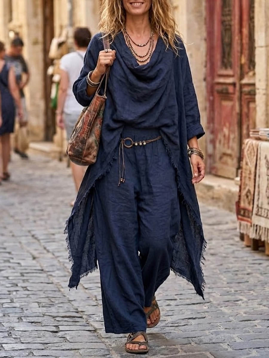 Women's Cowl-neck Long-sleeve Top And High-waisted Loose Wide-leg Pants Cotton-linen Set