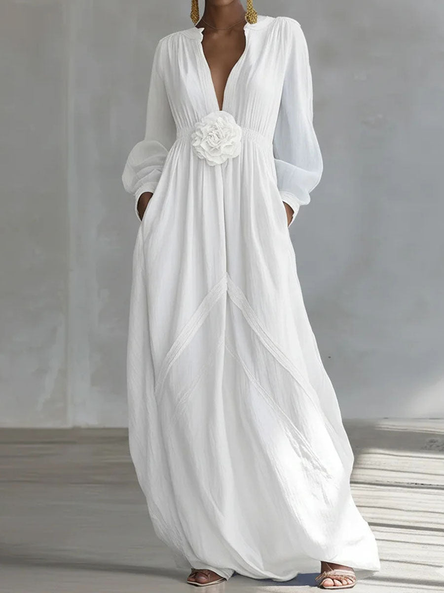 Women's Elegant 3D Floral Cotton-Linen Dress