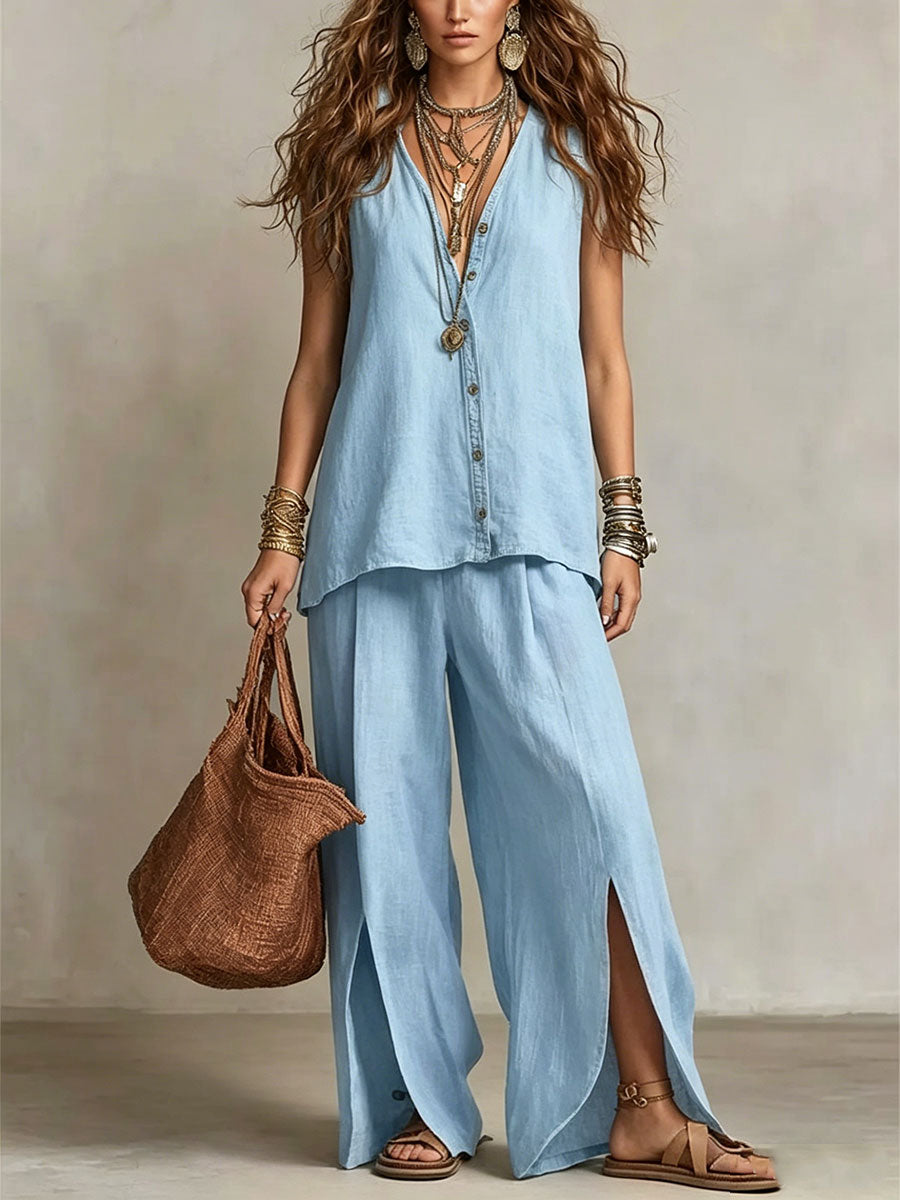Women's V-neck Tank Top And Wide-leg Trousers Set