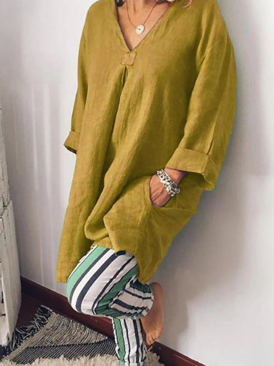 Casual Plain V Neck Long Sleeve Loose Shirt & Striped Pants 2Ps Set
