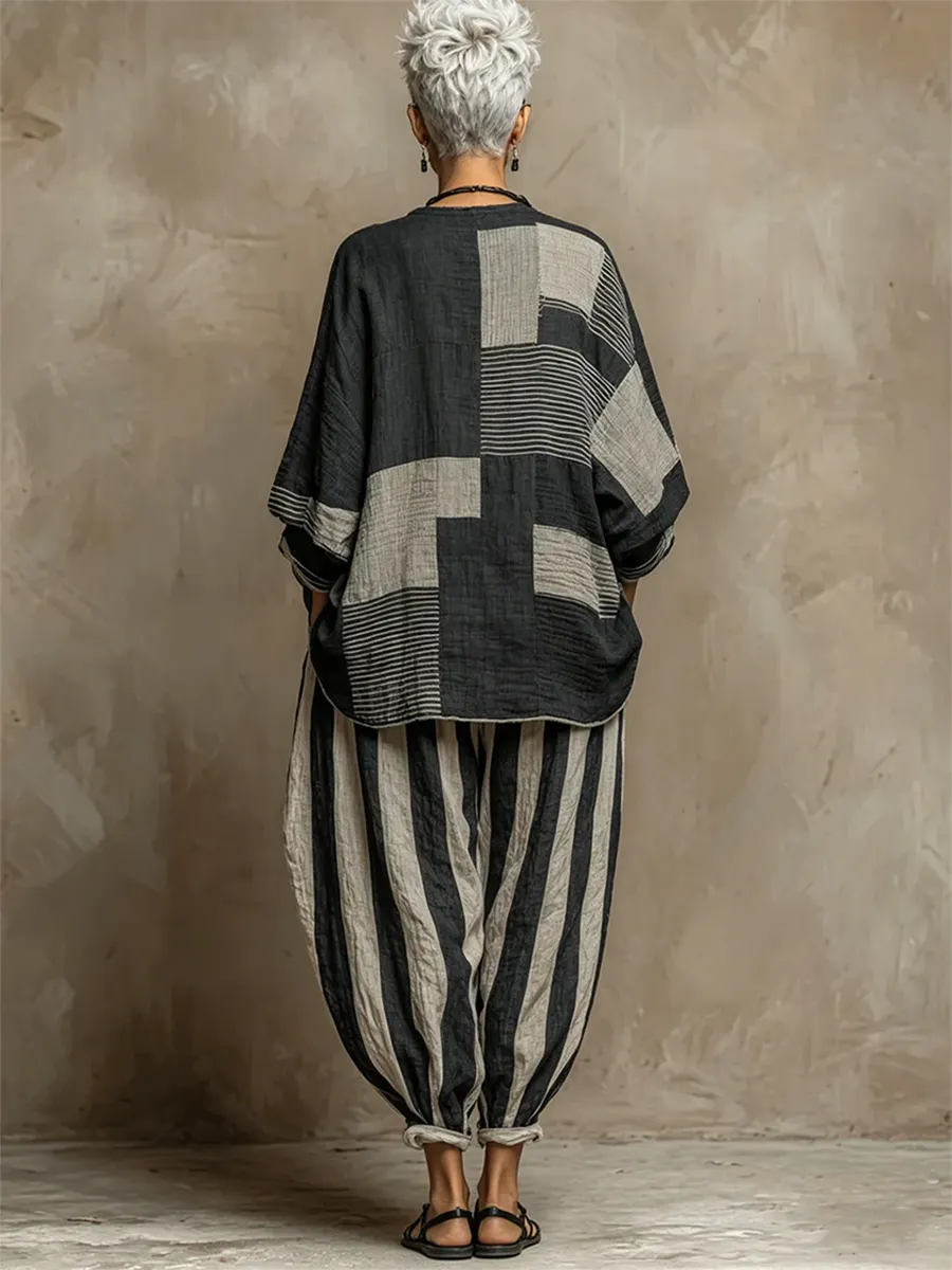 Artistic Stripe Print Cotton-linen Two-piece Set