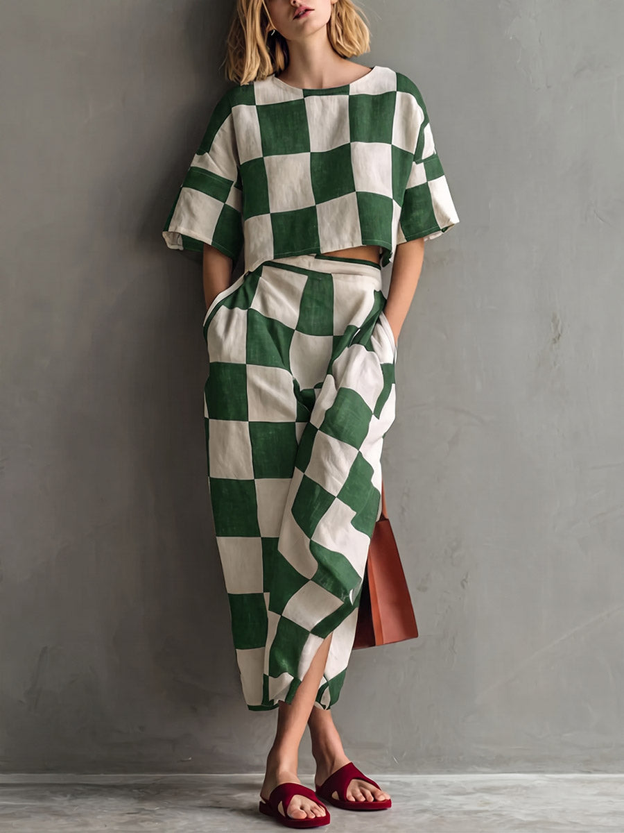 Women's Plaid-print Cotton-linen Two-piece Set: Short-sleeve Crewneck Loose-fit Top & High-waisted A-line Skirt