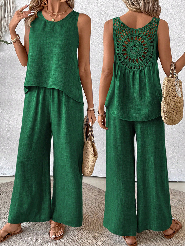 Women's Hollow Lace Two-piece Set: Casual Vest And Wide-leg Pants
