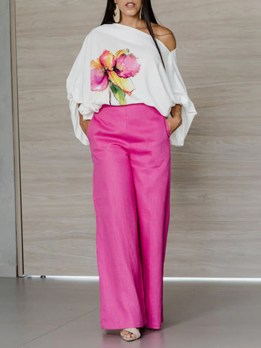 Stylish And Comfortable Two-piece Set: Floral-print Linen-cotton Top And Solid-color Trousers