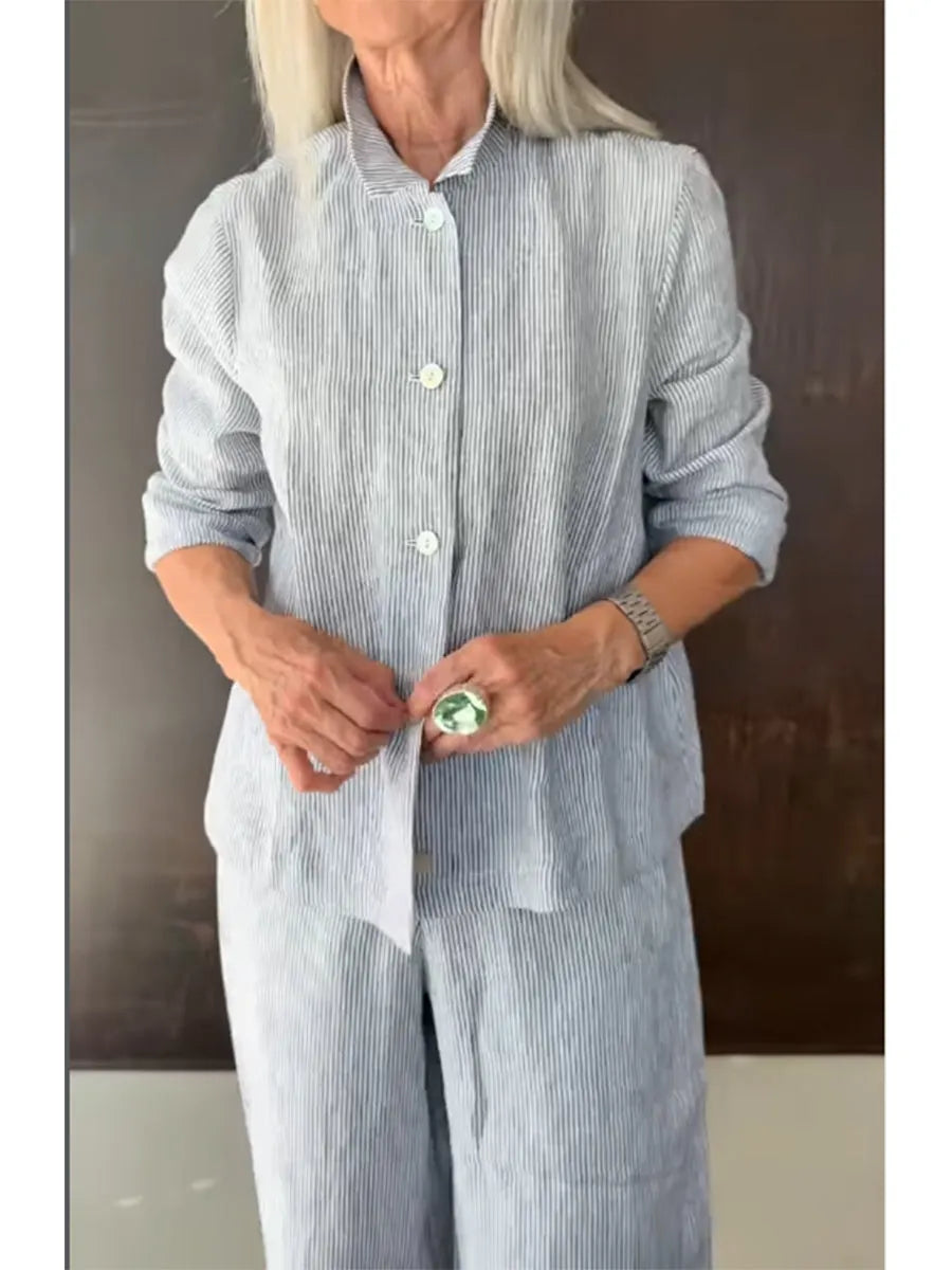 Casual & Cozy Striped Linen-cotton Shirt And Pants Two-piece Set