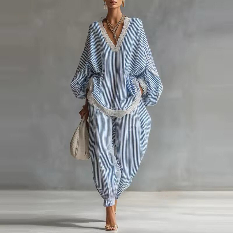 Women's Classic Striped & Lace Casual Two-piece Set
