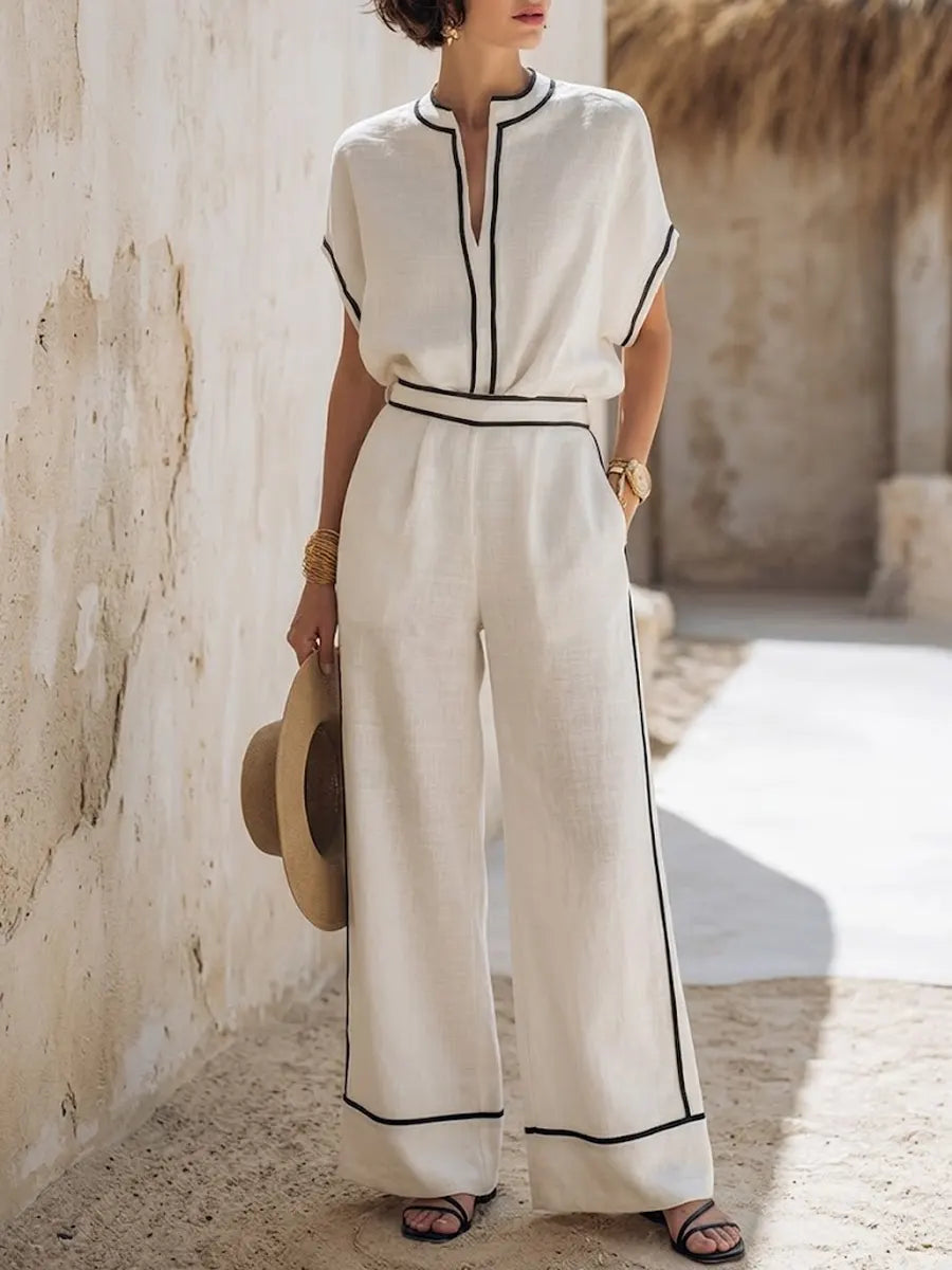 Women's Striped Decorative Cotton And Linen Wide-leg Pants Set