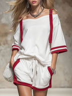 Women's Off-shoulder 3/4-sleeve Casual Loose Cotton Top & Elastic-waist Wide-leg Shorts Cotton Set