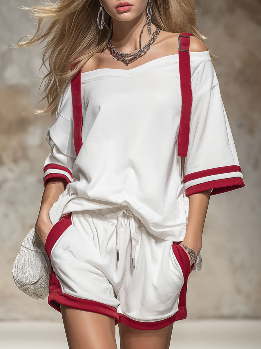 Women's Off-shoulder 3/4-sleeve Casual Loose Cotton Top & Elastic-waist Wide-leg Shorts Cotton Set