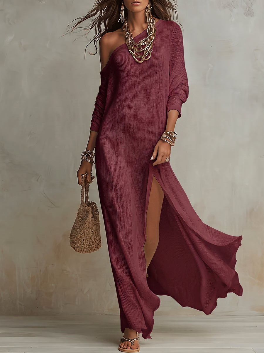 Boho Cozy Off-shoulder Knit Maxi Dress