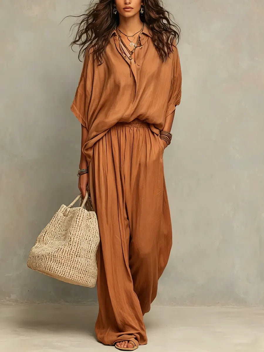 Women's Simple Shirt And Wide-leg Pants Cotton And Linen Set