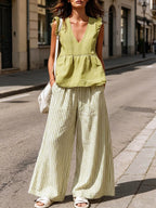 Women's Art Comfortable Casual Stylish Top And Striped Pants Cotton Linen Two-piece Set