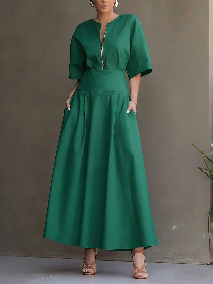 Women's Solid-color Round-neck 3/4-sleeve Casual Loose Cotton-linen Dress