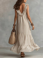 Women's Striped Art Ruffled Neck Casual Stylish Sleeveless Cotton Dress