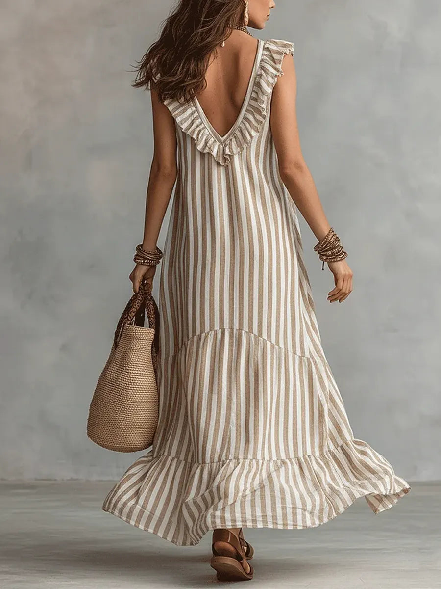 Women's Striped Art Ruffled Neck Casual Stylish Sleeveless Cotton Dress