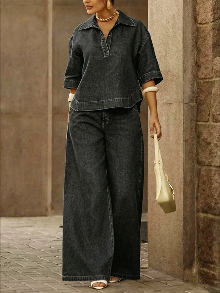 Women's Casual 100% Cotton Denim Top And Wide-leg Pants Two-piece Set