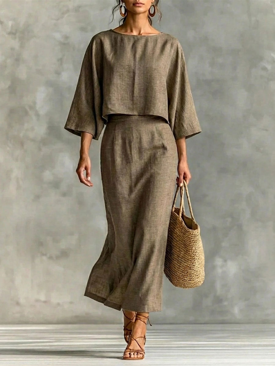 Crew-neck 3/4-sleeve Loose Top & High-waisted Maxi Skirt Set