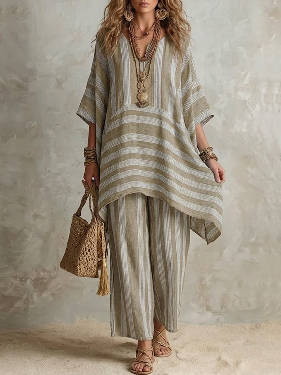 Casual Loose Striped Cotton And Linen Top And Pants Two-piece Set