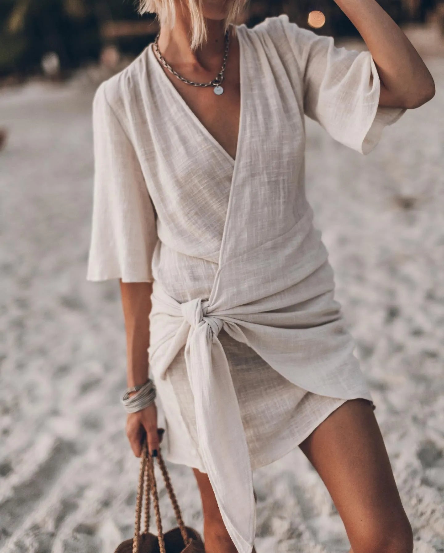 Casual Linen Cross Style V-neck Short-sleeved Dress