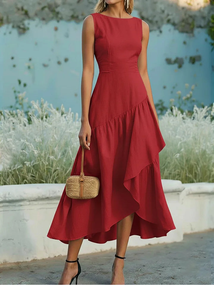 Women's Sleeveless Linen And Cotton Ruffle Hem Dress