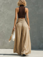 Women's Casual Brown Knitted Sleeveless Turtleneck Top And Khaki Tie-waist Wide-leg Pants Set