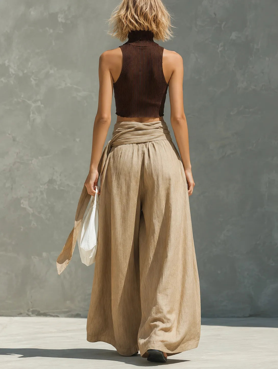 Women's Casual Brown Knitted Sleeveless Turtleneck Top And Khaki Tie-waist Wide-leg Pants Set