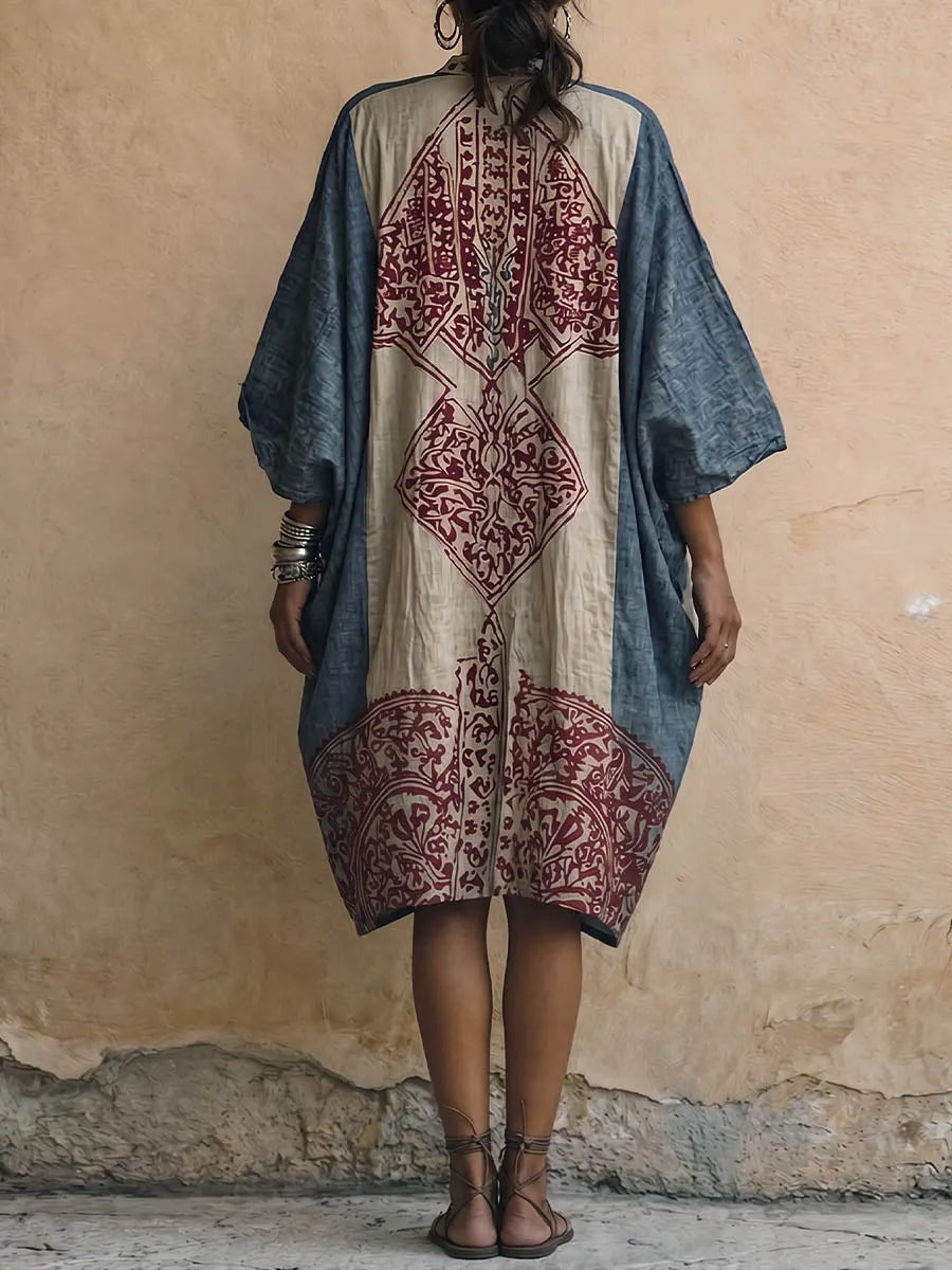 Women's Vintage-Print V-Neck 3/4-Sleeve Casual Loose Cotton-Linen Dress