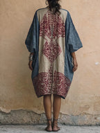Women's Vintage-Print V-Neck 3/4-Sleeve Casual Loose Cotton-Linen Dress
