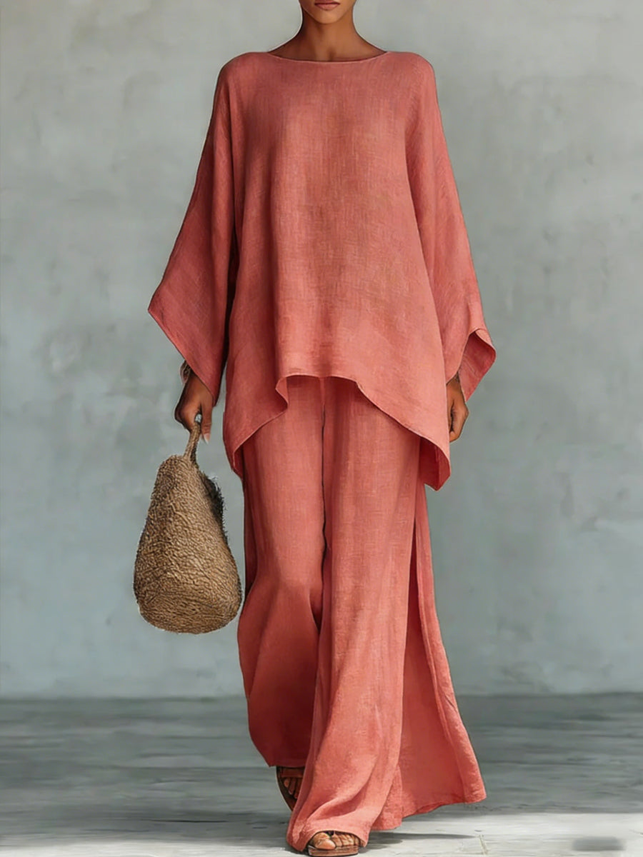 Women's Round Neck Long Sleeve Wide-leg Casual Irregular Hem Two-piece Pants Set
