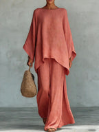 Women's Round Neck Long Sleeve Wide-leg Casual Irregular Hem Two-piece Pants Set
